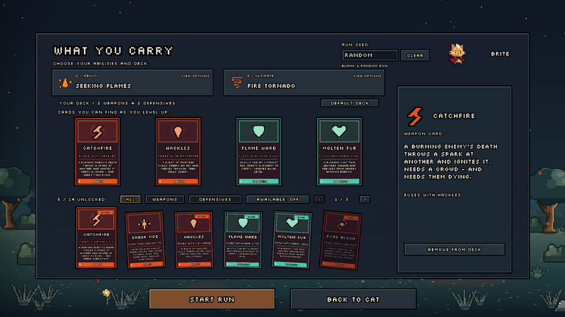 The alpha build selection screen, showing elemental weapon and defense cards.