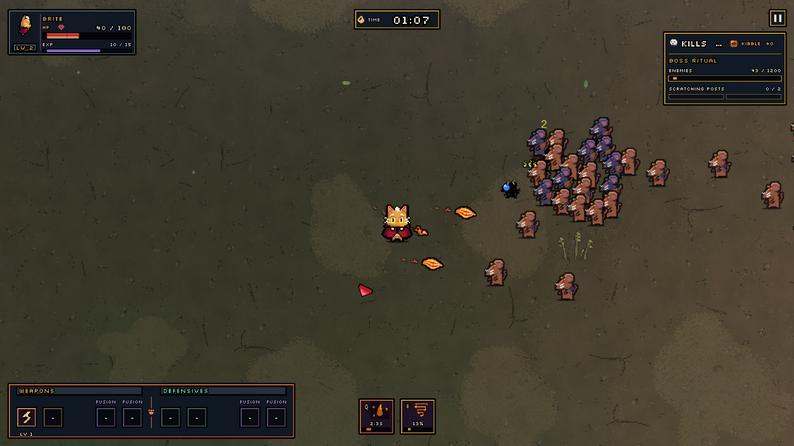 A small orange cat casts fire at a pursuing swarm in a dark arena.